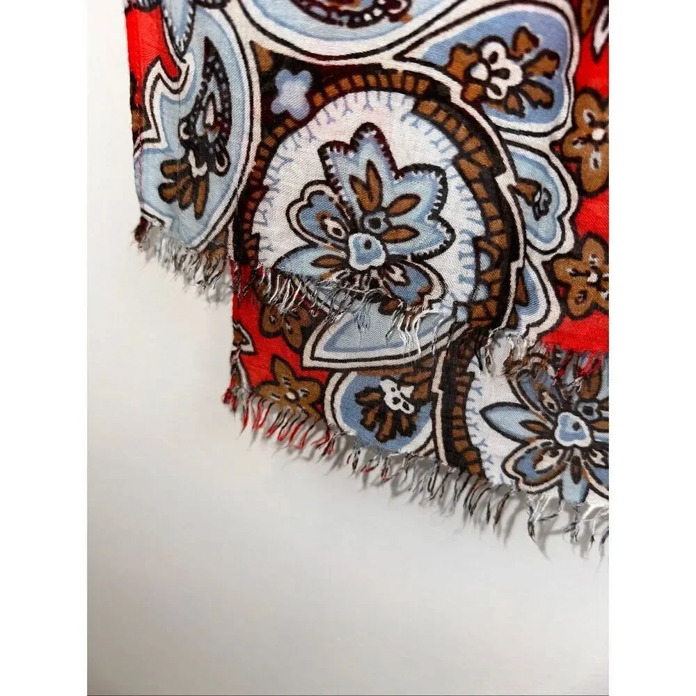 LOFT Floral Paisley Scarf Red Blue Lightweight Fringe Wrap Shawl 25.5x71